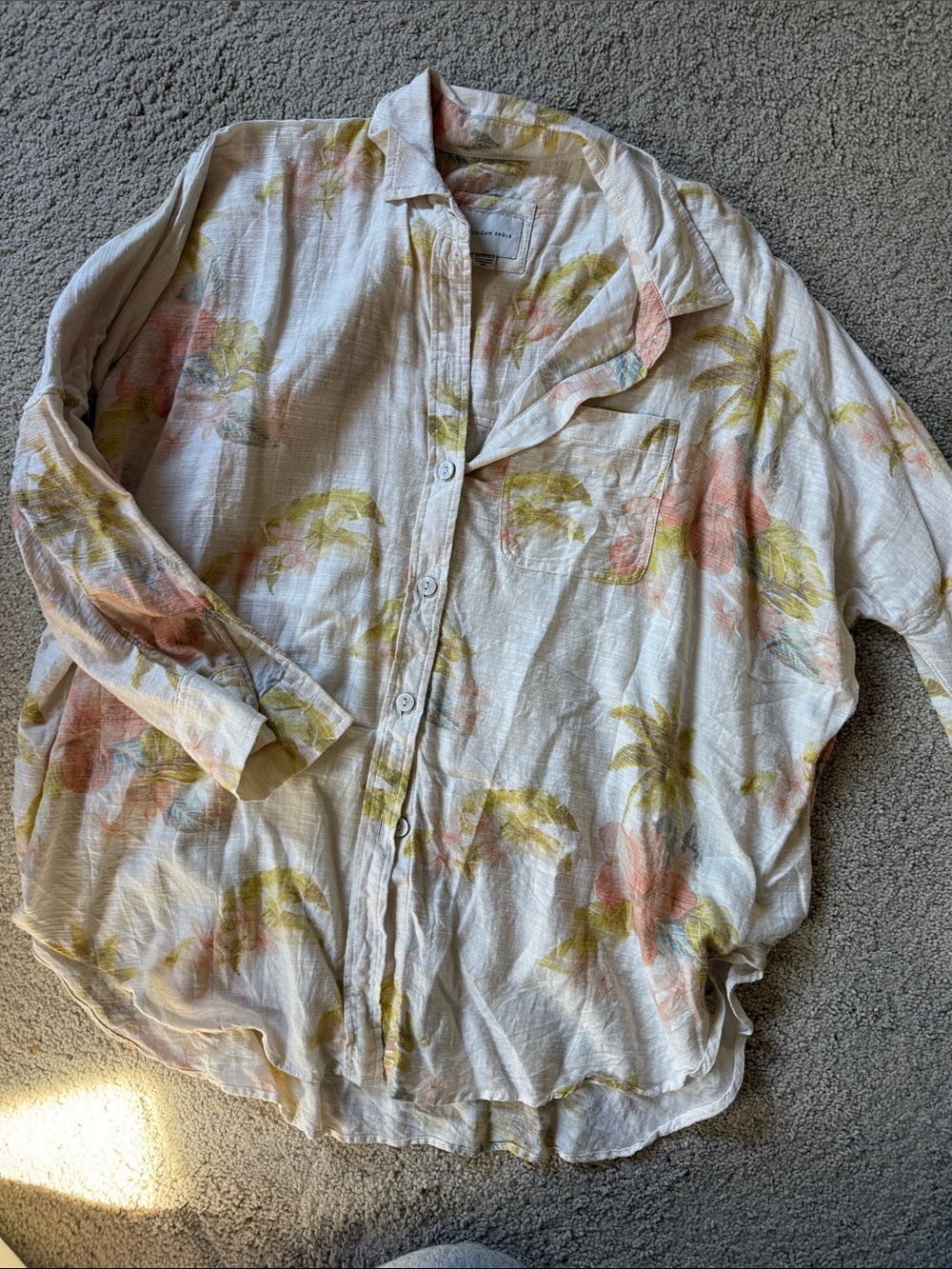 Aerie Lightweight Floral Button-Up Shirt — Cream with Pink & Olive Floral Print